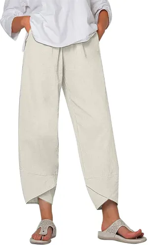YRAETENM Linen Pants Women Summer Casual Capri Pants Cropped Comfy Baggy Trousers High Waisted Lounge Pants with Pockets