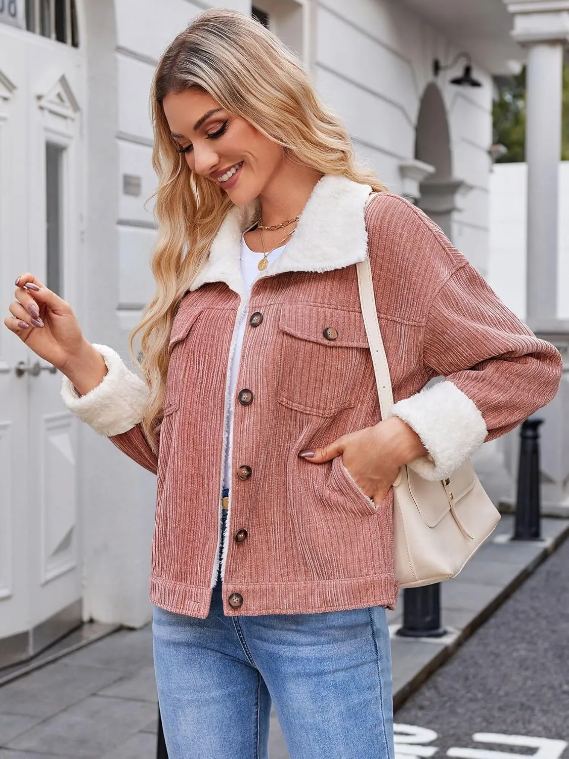 ZAFUL 2024 Womens Sherpa Fleece Jacket Button Down Corduroy Shacket Casual Winter Warm Coat With Pockets