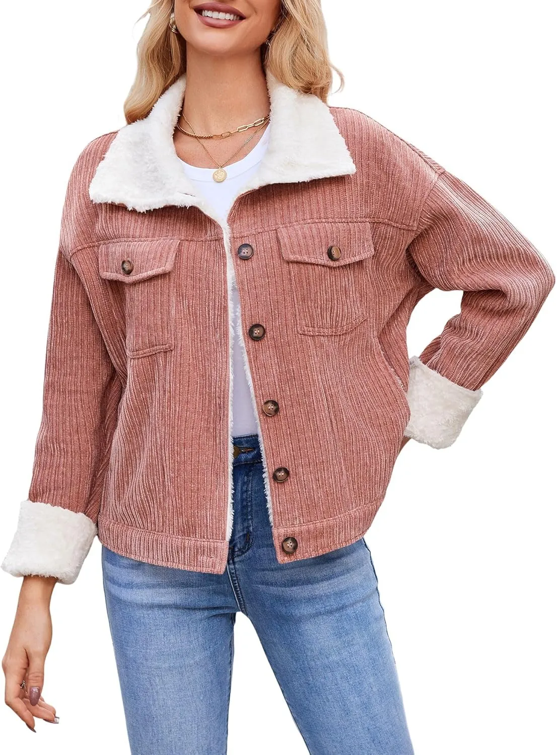 ZAFUL 2024 Womens Sherpa Fleece Jacket Button Down Corduroy Shacket Casual Winter Warm Coat With Pockets
