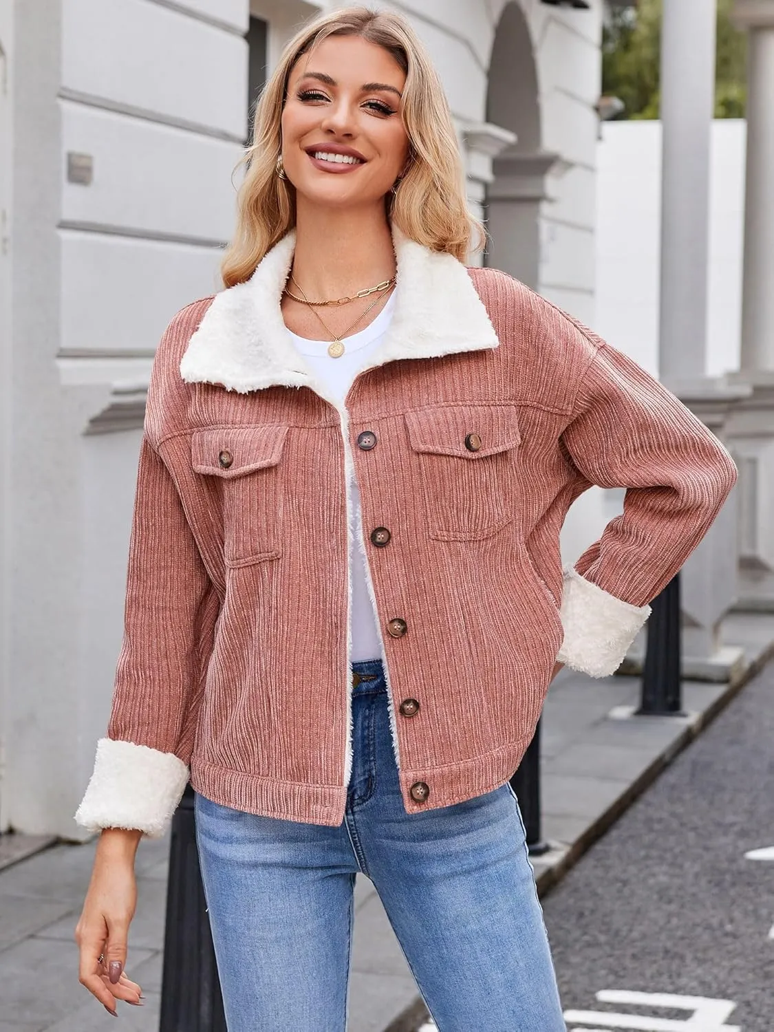ZAFUL 2024 Womens Sherpa Fleece Jacket Button Down Corduroy Shacket Casual Winter Warm Coat With Pockets