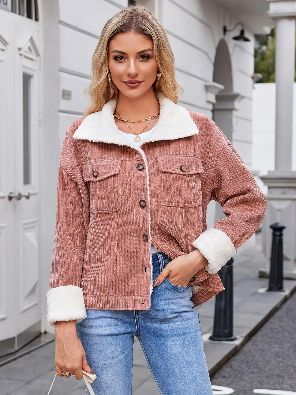 ZAFUL 2024 Womens Sherpa Fleece Jacket Button Down Corduroy Shacket Casual Winter Warm Coat With Pockets