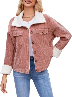 ZAFUL 2024 Womens Sherpa Fleece Jacket Button Down Corduroy Shacket Casual Winter Warm Coat With Pockets