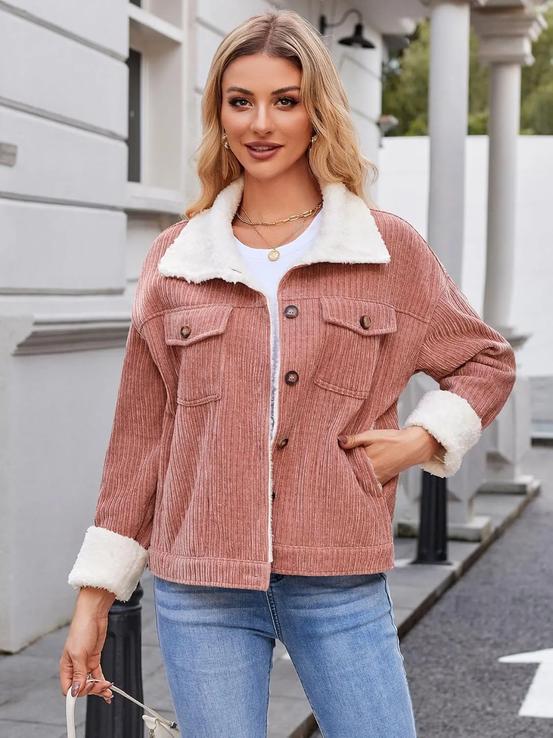 ZAFUL 2024 Womens Sherpa Fleece Jacket Button Down Corduroy Shacket Casual Winter Warm Coat With Pockets