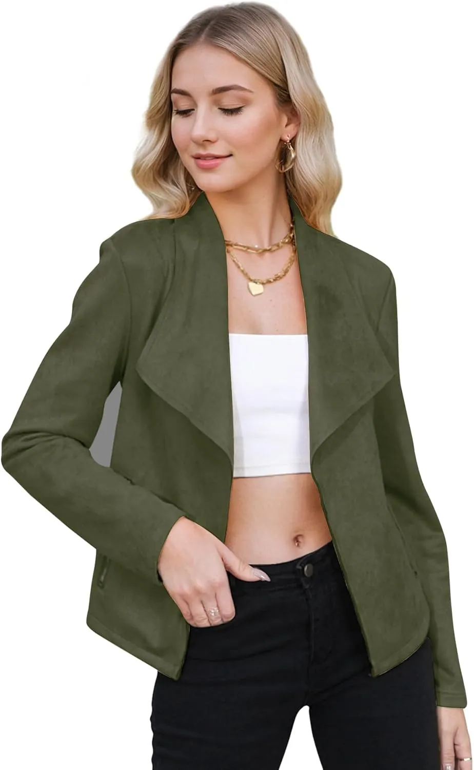 Zando Womens Faux Suede Jacket Open Front Womens Bomber Cropped Jacket with Pockets Outwear Long Sleeve Fashion Biker Jacket