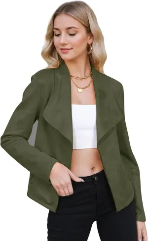 Zando Womens Faux Suede Jacket Open Front Womens Bomber Cropped Jacket with Pockets Outwear Long Sleeve Fashion Biker Jacket
