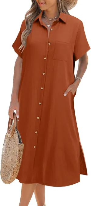 Zeagoo Womens Dress Summer Casual Short Sleeve Button Down Shirt Dresses Beach Cover Up with Pockets