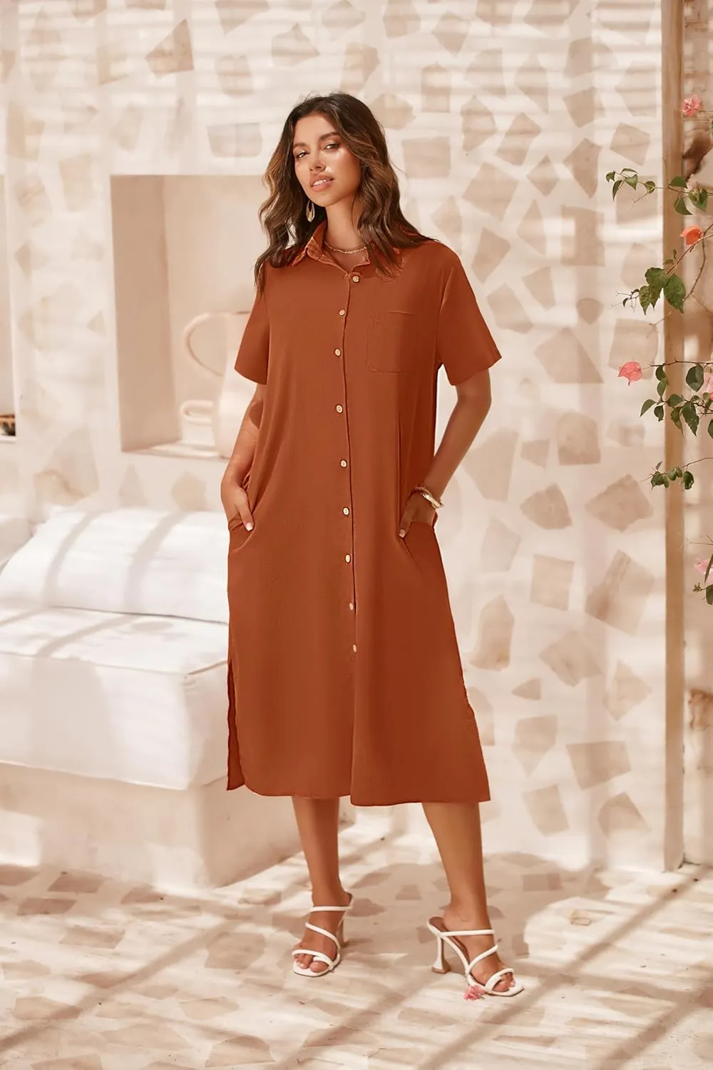 Zeagoo Womens Dress Summer Casual Short Sleeve Button Down Shirt Dresses Beach Cover Up with Pockets
