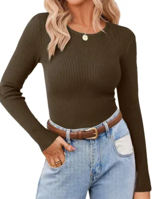 Zeagoo Women's Long Sleeve Ribbed Shirt 2025 Fall Knit Sweater Basic Slim Fit Tops Crewneck Cute Outfits