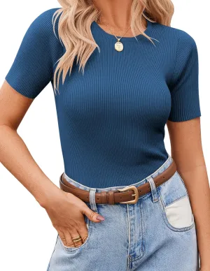 Zeagoo Women's Short Sleeve Basic Slim Fit Tops Crewneck Ribbed Knit T Shirt Cute Summer Outfits
