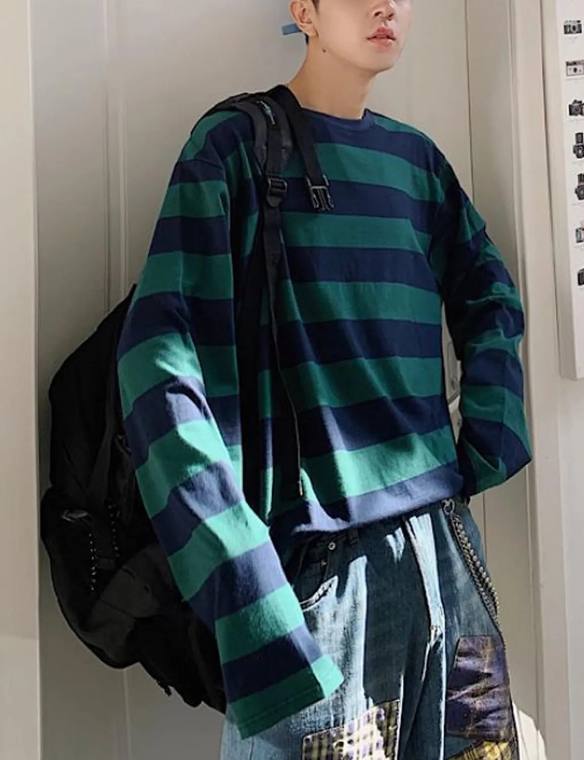 Zhiyouni Womens Stripe Shirt Oversized Casual Loose Long Sleeves Pullovers Couples Shirts Sweatshirt