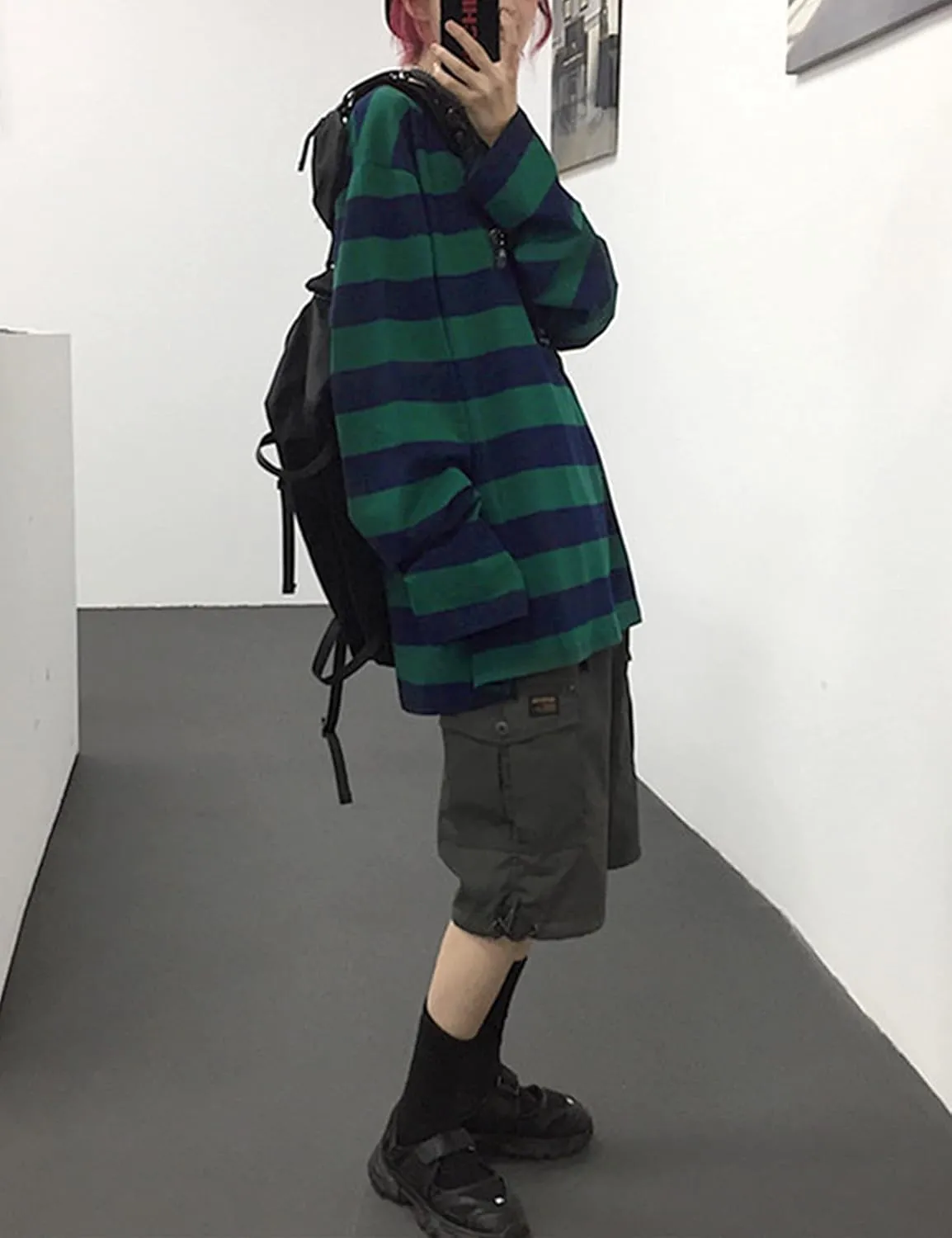 Zhiyouni Womens Stripe Shirt Oversized Casual Loose Long Sleeves Pullovers Couples Shirts Sweatshirt