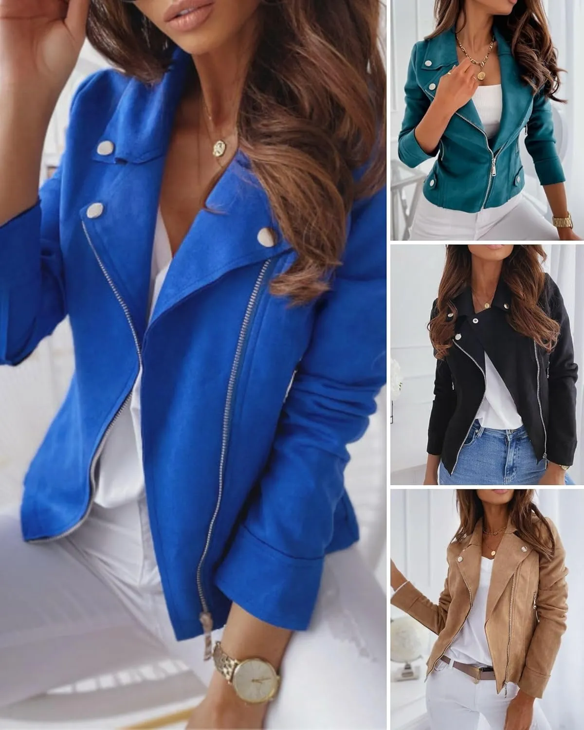 Zipper Suede Jacket for Women Long Sleeve Cropped Leather Coat Slim Fit Fashion Moto Biker Outwear Fall Winter Clothes