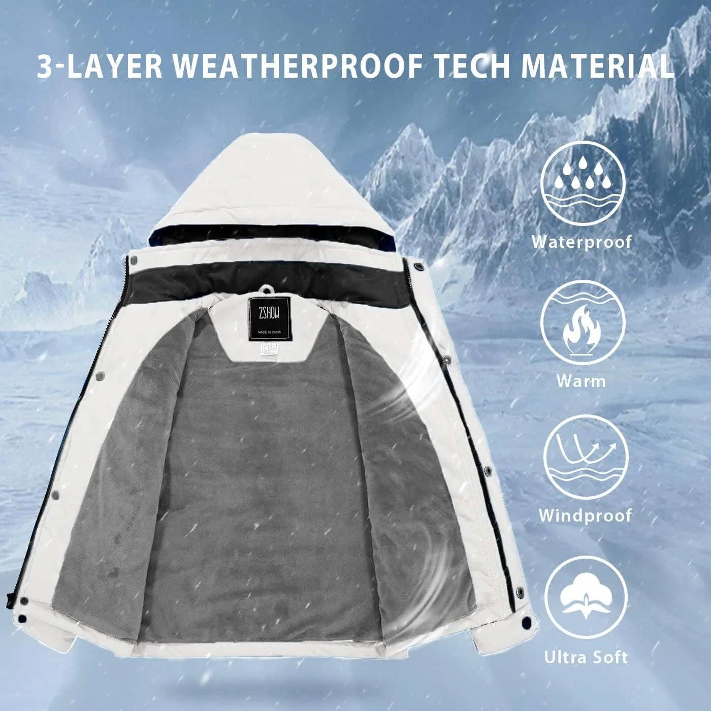 ZSHOW Boys' Waterproof Ski Jacket Hooded Fleece Lined Raincoat Warm Winter Coat