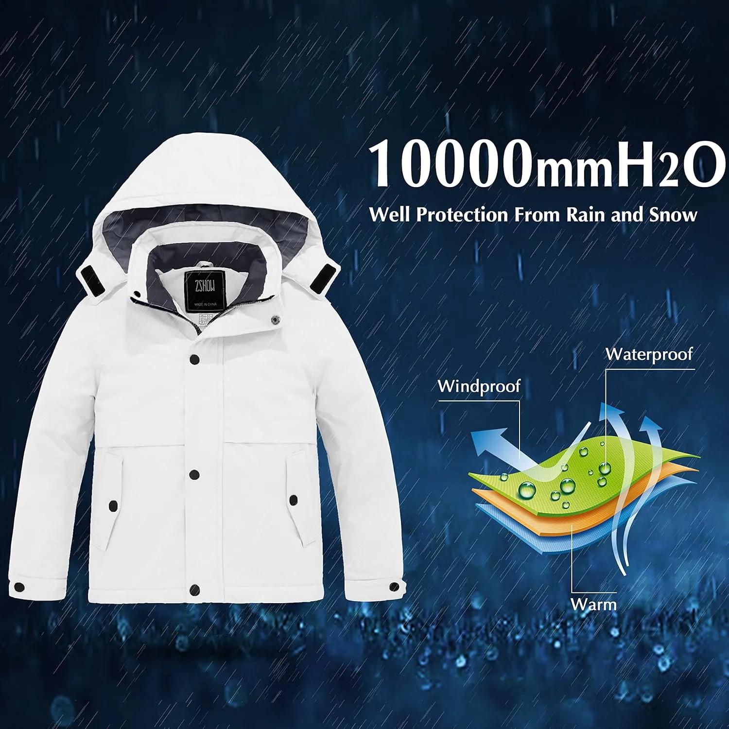 ZSHOW Boys' Waterproof Ski Jacket Hooded Fleece Lined Raincoat Warm Winter Coat