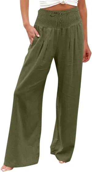 ZWRXW Women Linen Palazzo Pants Summer Wide Leg Pants Bow-Knot High Waisted Casual Lounge Pant Lightweight Beach Trousers