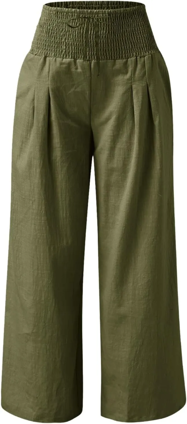 ZWRXW Women Linen Palazzo Pants Summer Wide Leg Pants Bow-Knot High Waisted Casual Lounge Pant Lightweight Beach Trousers
