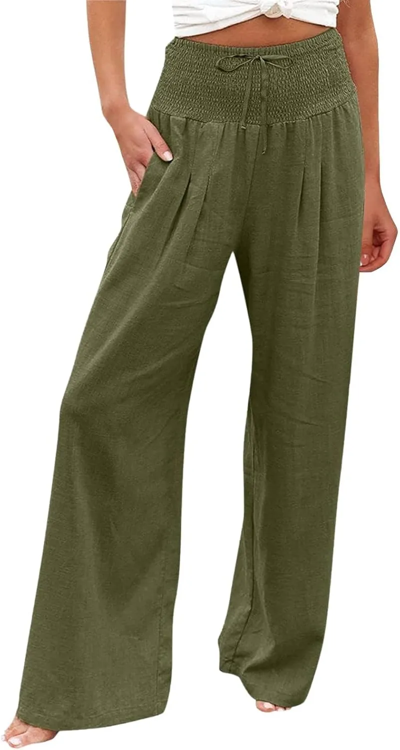 ZWRXW Women Linen Palazzo Pants Summer Wide Leg Pants Bow-Knot High Waisted Casual Lounge Pant Lightweight Beach Trousers