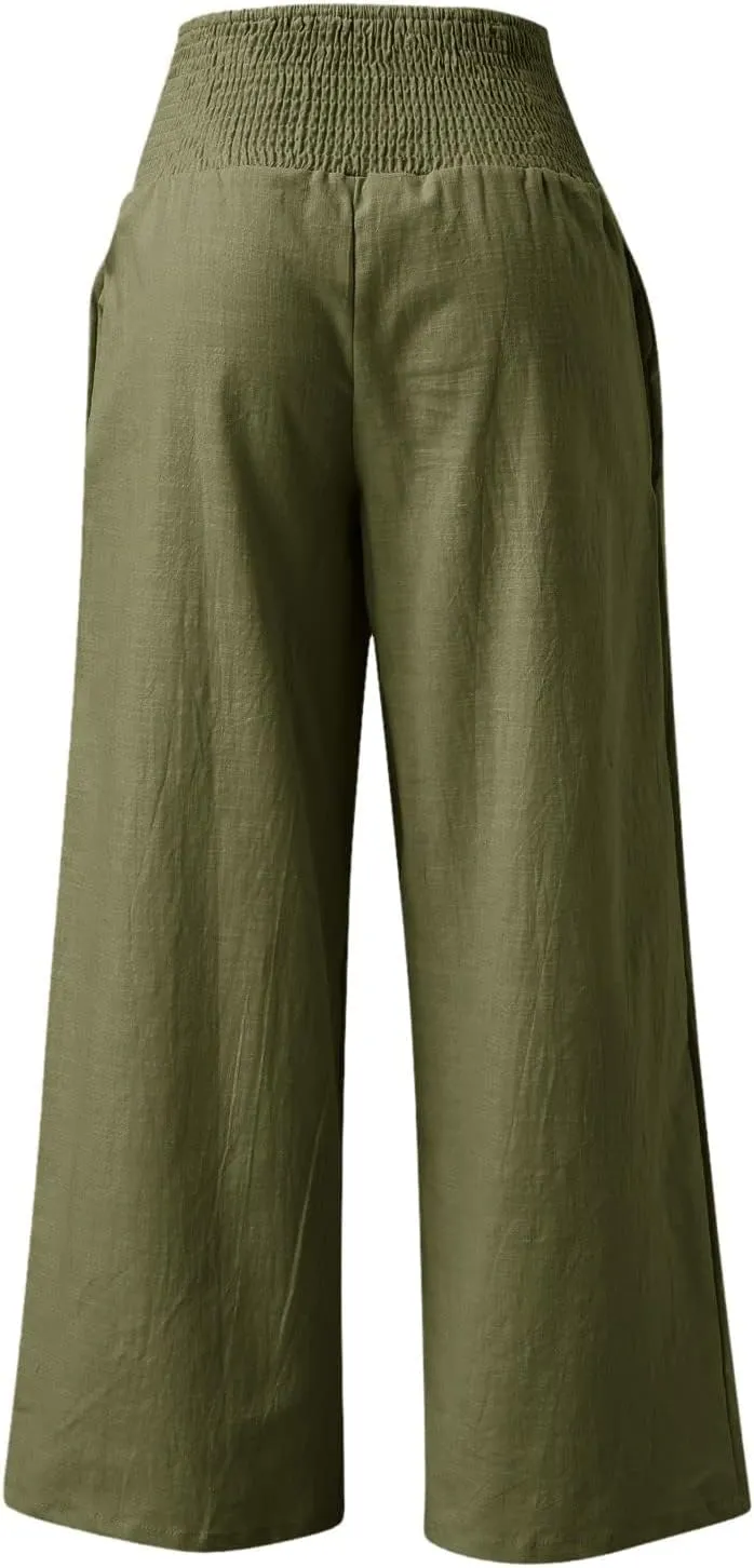 ZWRXW Women Linen Palazzo Pants Summer Wide Leg Pants Bow-Knot High Waisted Casual Lounge Pant Lightweight Beach Trousers